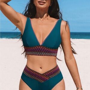 Cupshe Deep Teal V-Neck Smocked Bikini Set